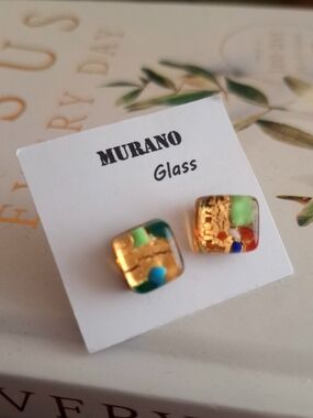 Murano Gold Multicolor Square Glass Stud Earrings